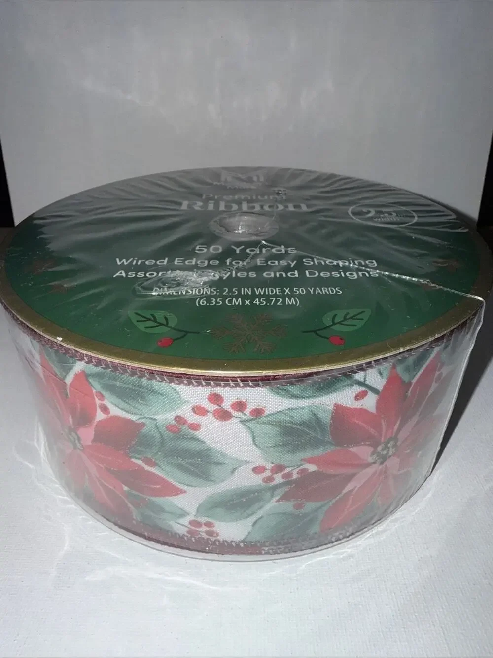 Holiday Poinsettia Wired-Edge Ribbon - Red and Green